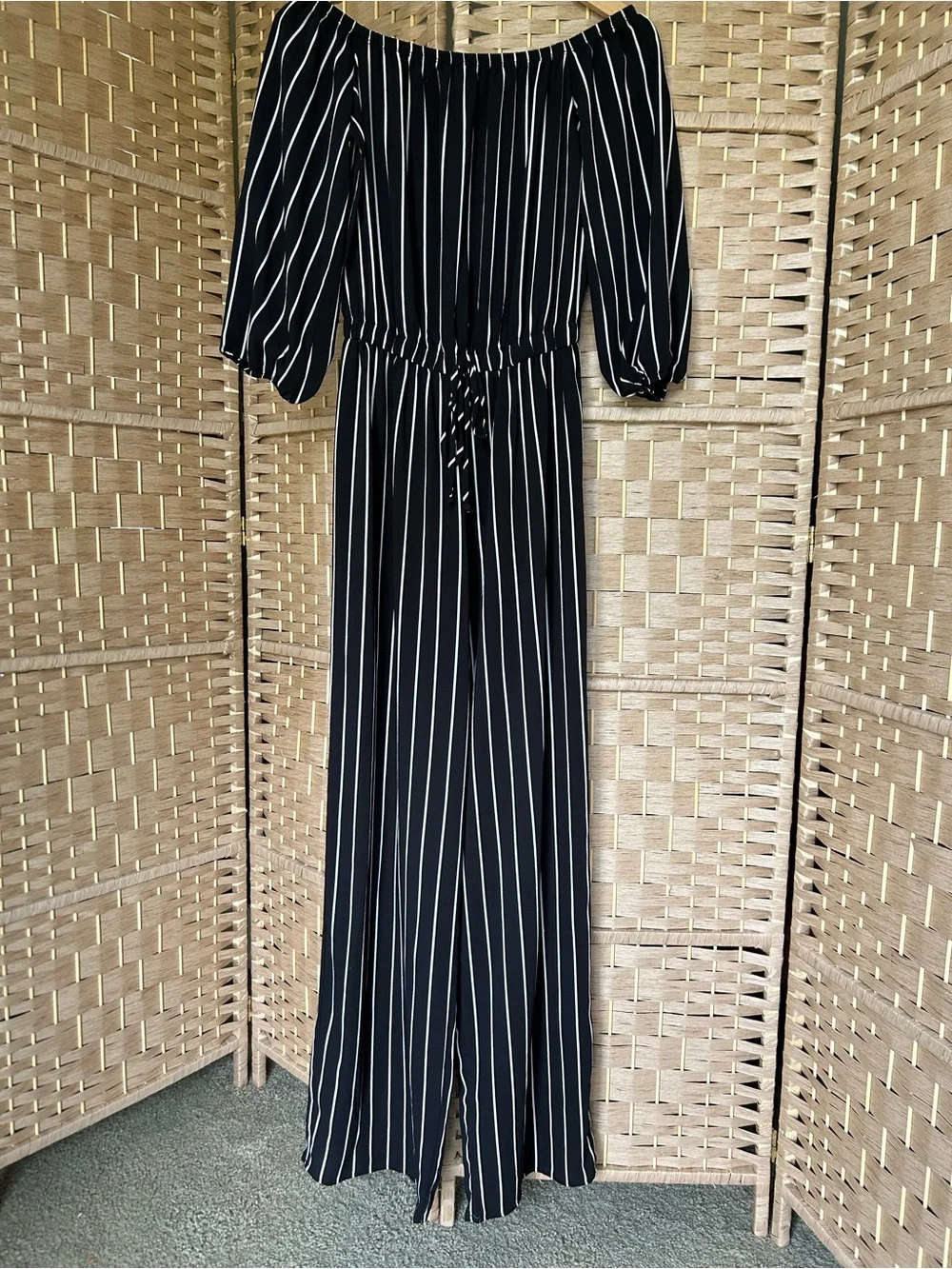 Haute Monde Black & White Striped Off-Shoulder Jumpsuit